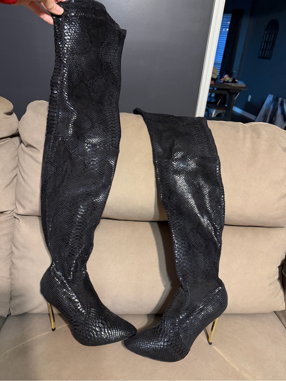 Fashion Nova Black Snake-Embossed Over-the-Knee Stiletto Boots